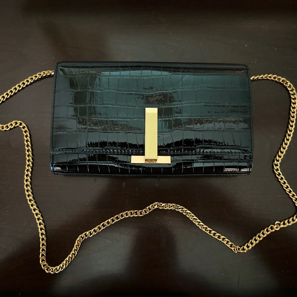 Aldo Black Croc-Embossed Clutch with Gold Chain